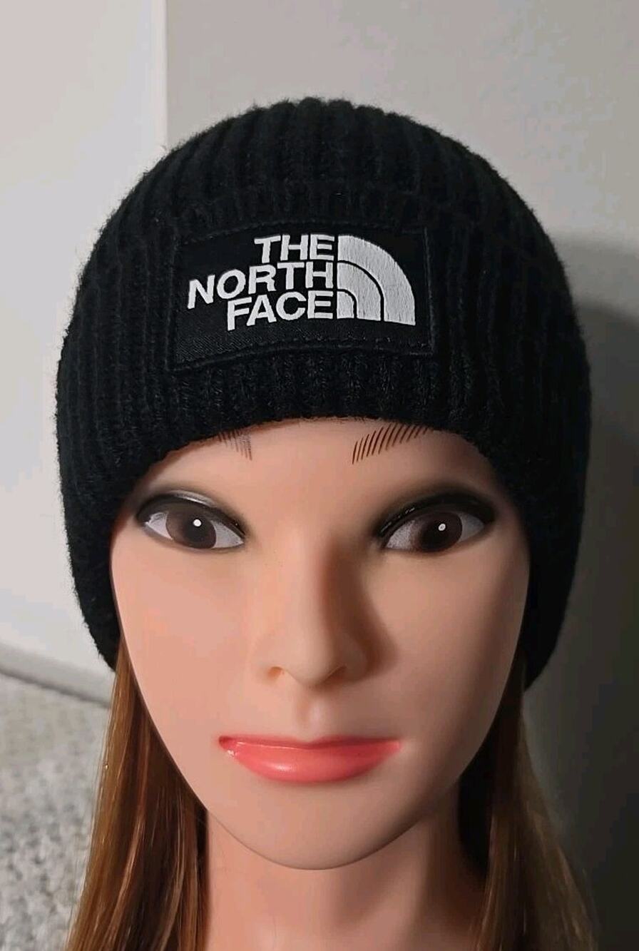 The North Face Black Pom Pom Beanie Unisex One Size Ribbed Knit Logo Cuff Hat